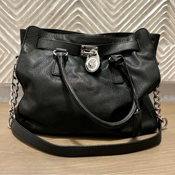 Michael Kors Black Hamilton Slouch Satchel Pebbled Soft Leather Silver Padlock - Picture 2 of 16